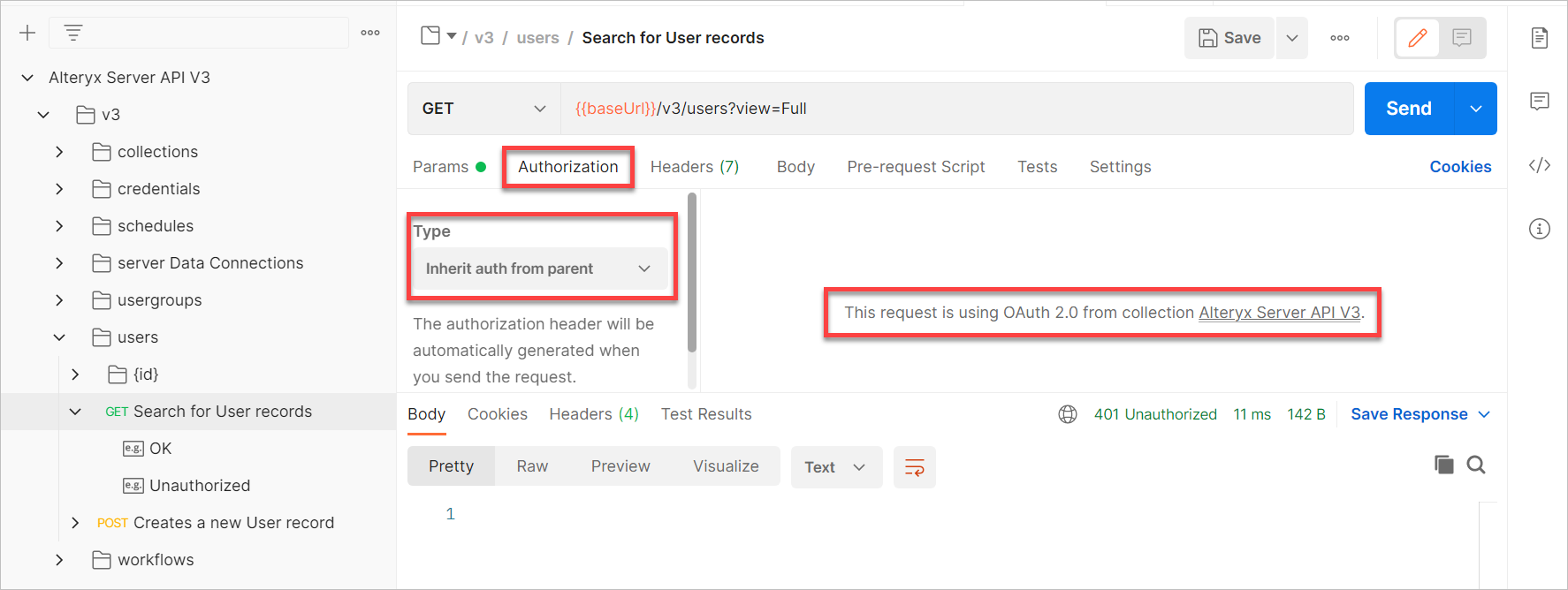 Authorization of a request using Inherited from parent.