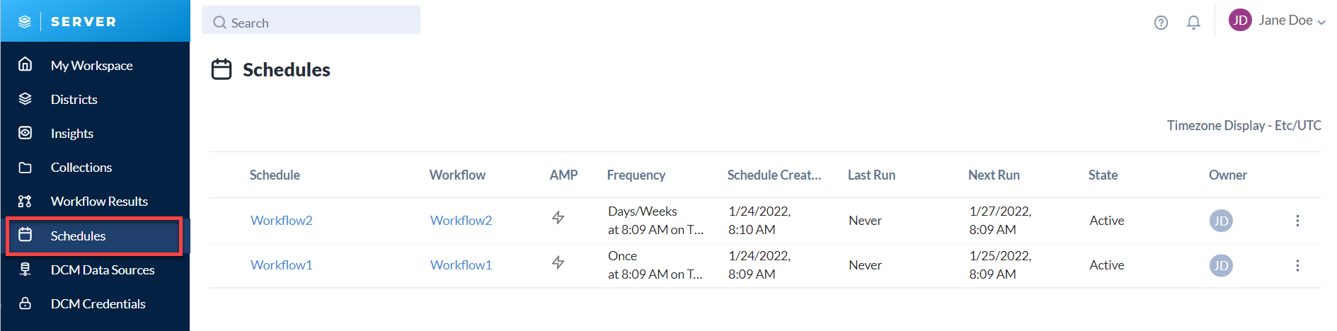 Schedules allow users to schedule workflows to run on a specified date and time or a recurring basis.