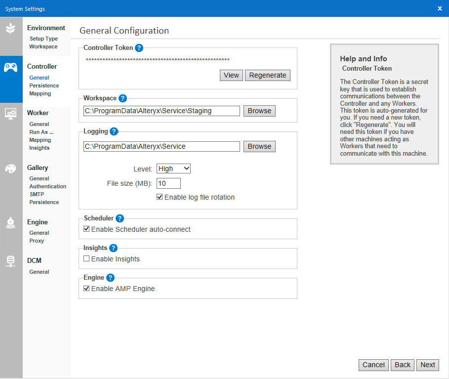 Screenshot of Controller General Configuration screen which includes the following settings: Controller Token, Workspace, Logging, Scheduler, Insights