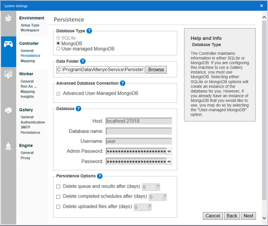 Screenshot of Controller Persistence screen which includes the following settings: Database Type, Data Folder, Advanced Database Connection, Database, and Persistence Options