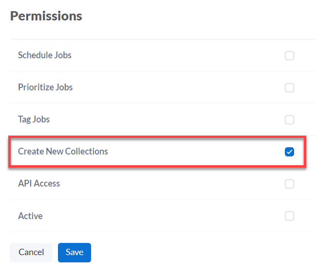In the Permissions panel, check the Create New Collections box. 