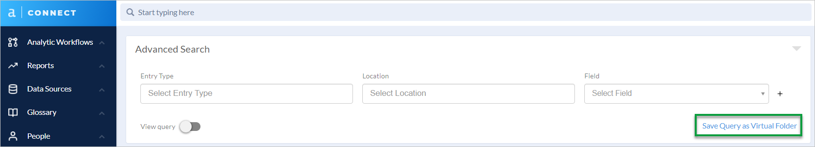 Screenshot of the Advanced Search section in Connect highlighting the Save Query as Virtual Folder button.