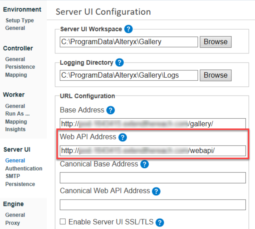 Web API Address configuration in Alteryx System Settings.