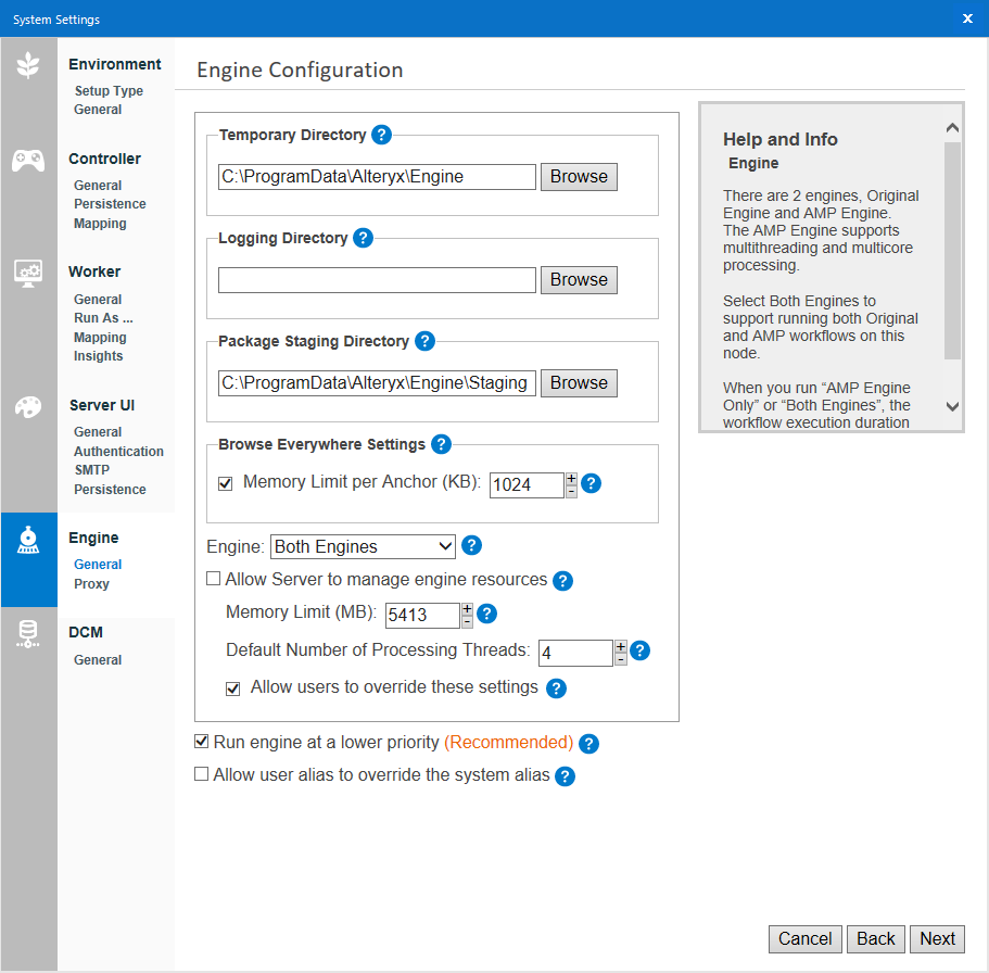 Engine configuration in Alteryx System Settings.