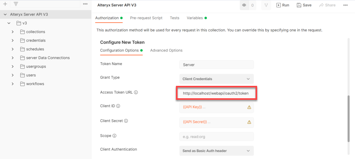 How the API authorization looks like in Postman.