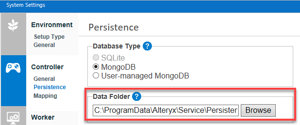 Set up the data folder under Controller Persistence.