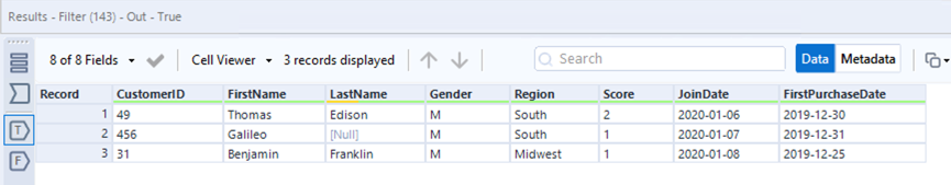 Screenshot of the True anchor results which includes all rows where CustomerID is greater than 30