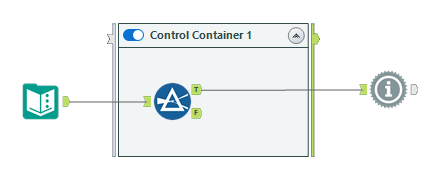 Image showing a Control Container tool with a Filter tool inside. The Filter tool's output connects to the input of a Message tool outside of the container.