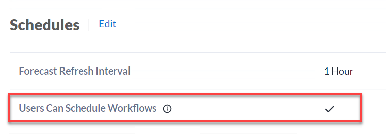 Enable the Users Can Schedule Workflows Server-level setting on the Configuration tab on the Settings page in the Admin interface.