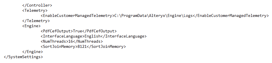 Image showing an example Telemetry entry inside of the SystemSettings tag.