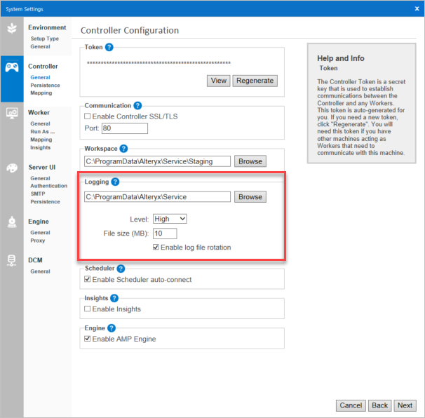 Configure the service log file location, logging level, file size, and file rotation on the System Settings Controller General screen.