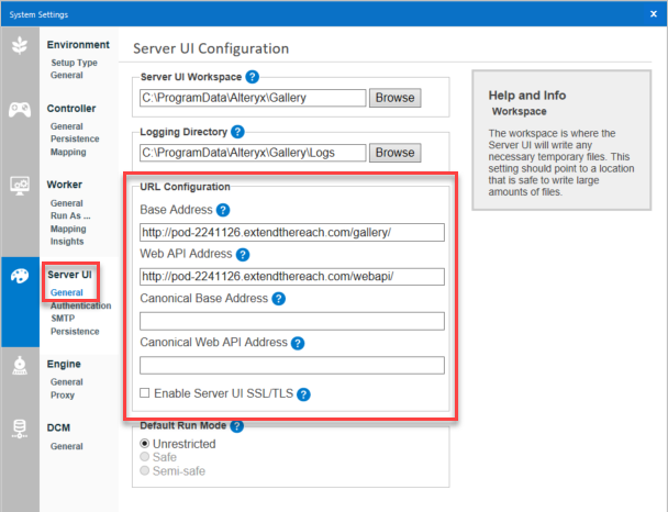 System Settings, the Server UI configuration section.