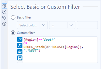 Screenshot of a Custom filter with the condition where the region is either South or contains the word West 