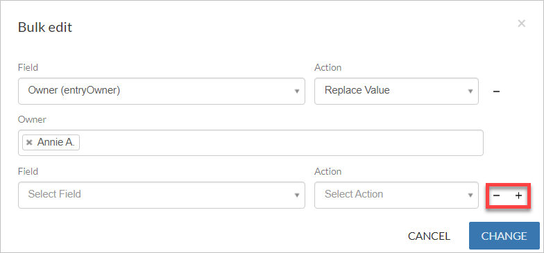 Screenshot showing how to add or remove a field from a bulk edit.