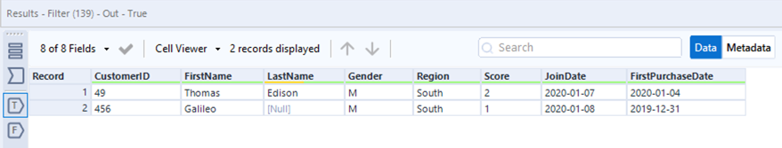 Screenshot of True anchor results which shows rows with a JoinDate that is less than or equal to today's date