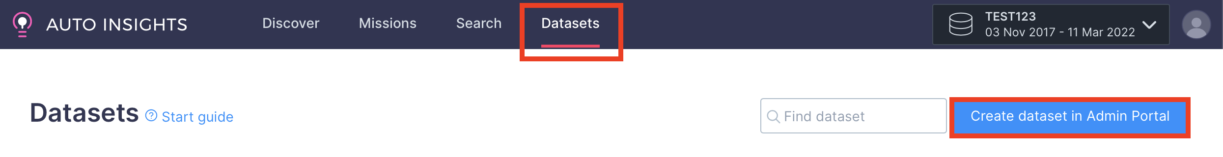 Create dataset in Admin Portal button