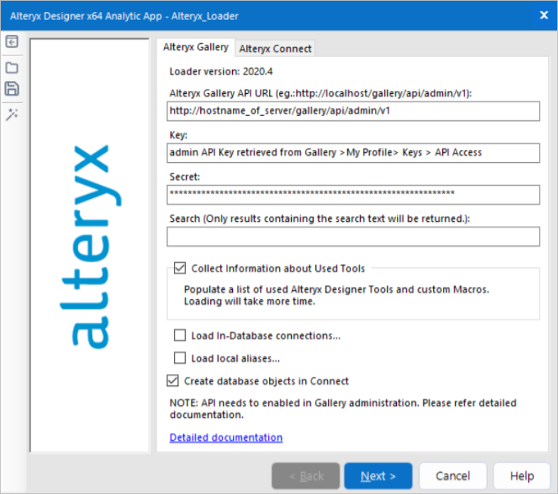 Alteryx Server Gallery loader, the Alteryx Gallery tab showing various options.