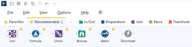 Image showing the Recommended tools category in Alteryx Designer.