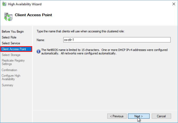 On the Client Access Point screen, enter a DNS name that will be used for accessing the cluster role.