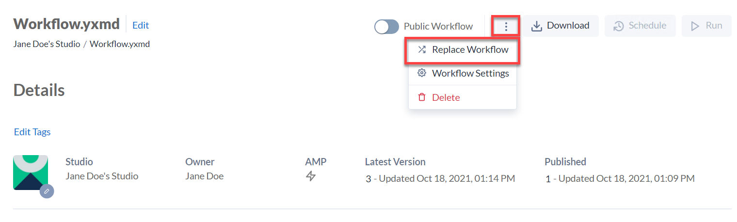 Screenshot of a workflow detail page showing the Replace Workflow option.