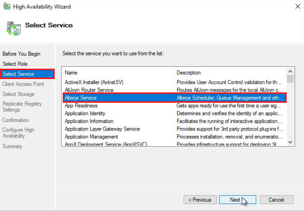 On the Select Service screen, select Alteryx Service and select Next to proceed.