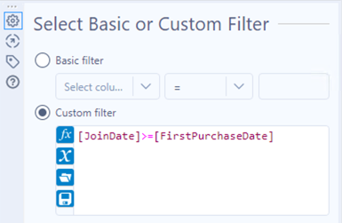 Screenshot of a custom filter with the condition JoinDate is greater than or equal to the FirstPurchaseDate