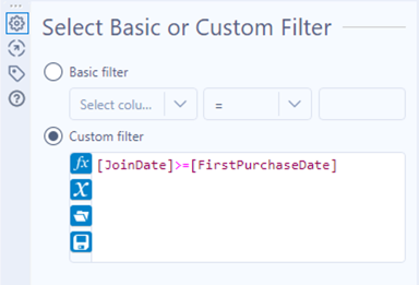 Screenshot of a Custom filter setup