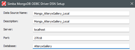 Top of settings for AlteryxGallery (second DSN), if needed. Authentication Source should be AlteryxGallery.