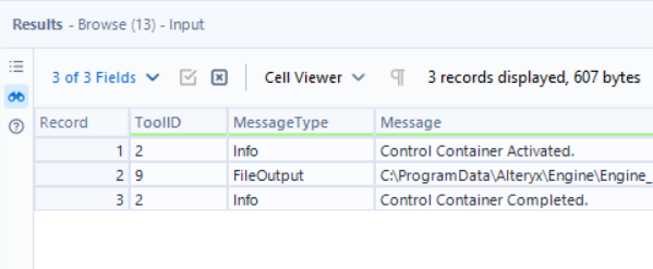 This image shows an example of a Control Container's log messages in the Results window.
