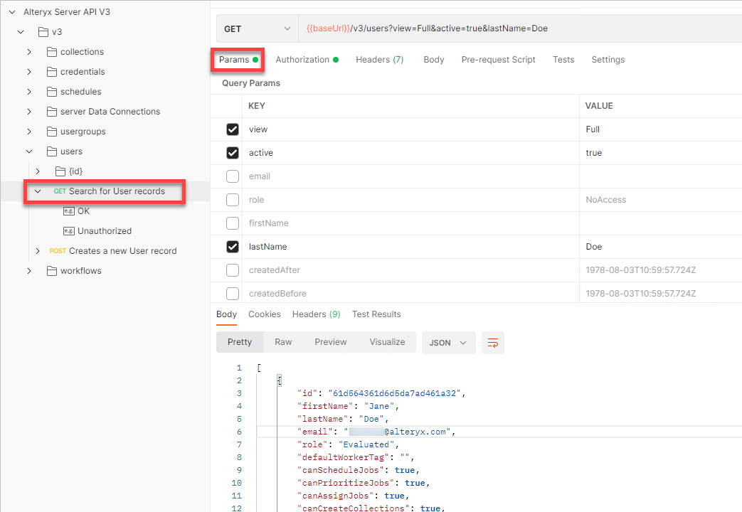 Example of the GET request in Postman.