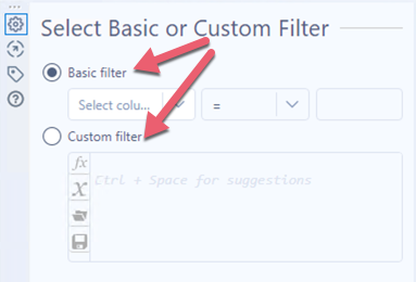 Screenshot of Filter configuration window with options to select Basic filter or Custom filter.