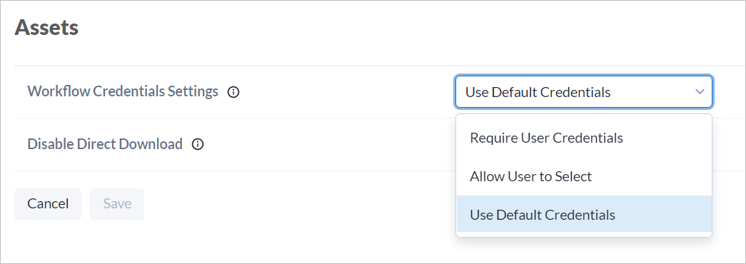 In the Workflow Credentials Settings, determine whether users are required to enter their credentials when they run workflows.