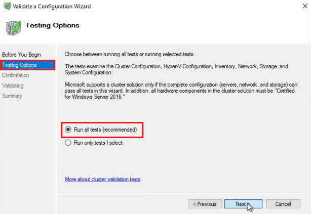 On the Testing Options screen, select Run all tests (recommended), then select Next.