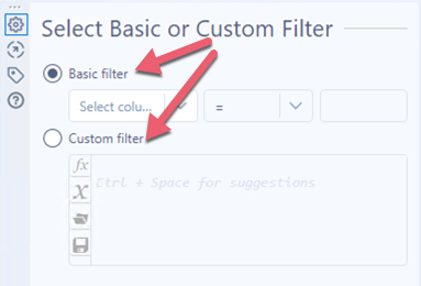 Screenshot of Filter configuration window with options to select Basic filter or Custom filter.
