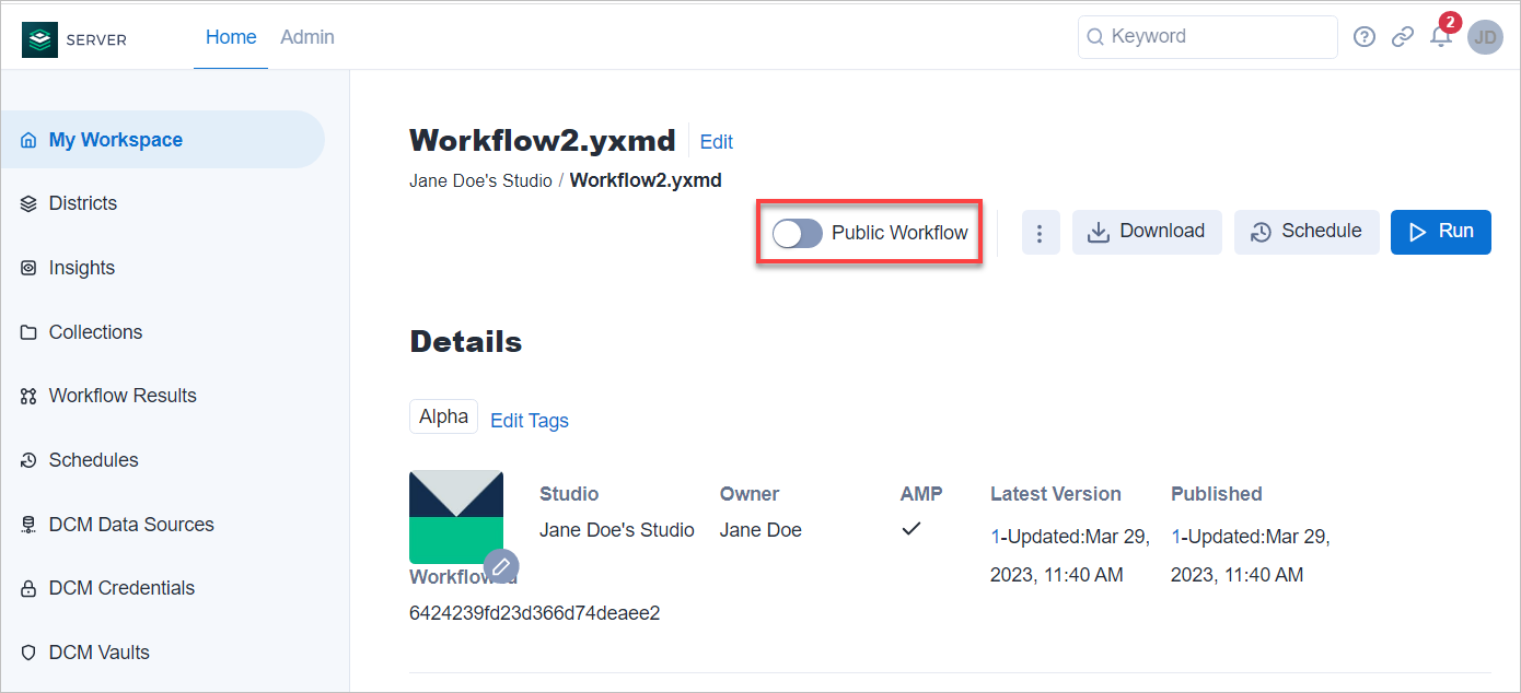 From the workflow details page, select Public Workflow. 