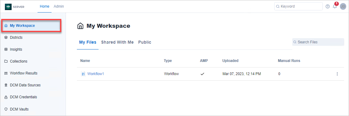 The My Workspace page in the Server UI.
