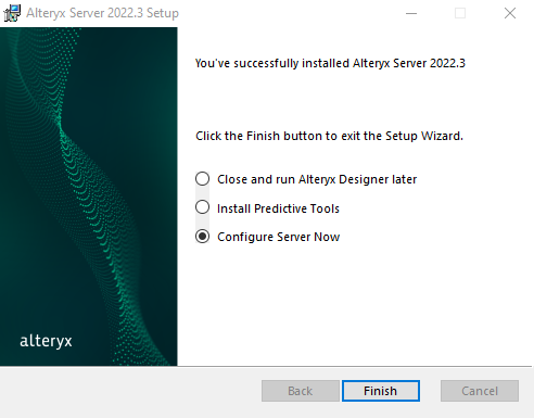 Upon completion of the installation choose the ‘Configure Server Now’ option.
