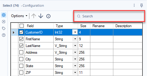 Image showing the Select tool Configuration window with the Search box highlighted.