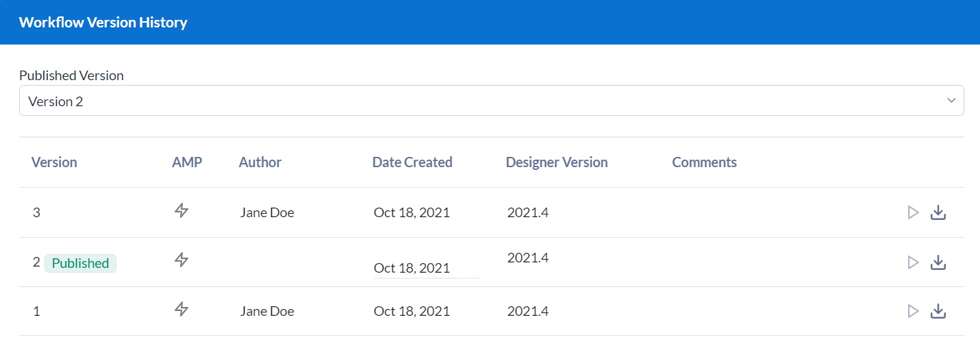 Screenshot of the Workflow Version History screen showing the published workflow.