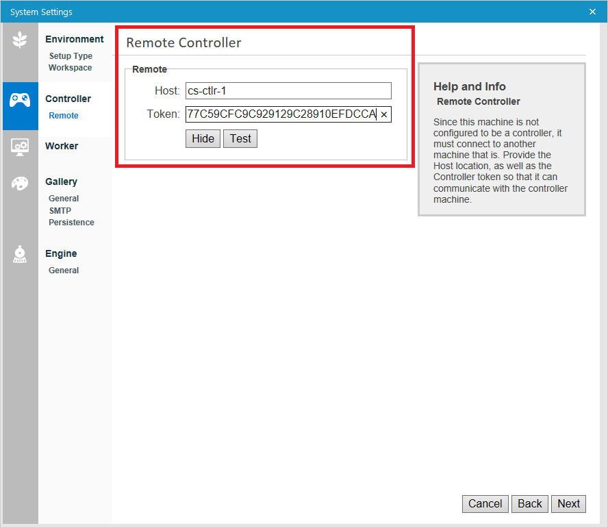 On the Remote Controller screen, enter the DNS host name that was created in step 7 of the Add a Cluster Role section and the Controller Token obtained in step 3 of the Primary Controller Configuration section of these instructions.  