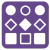 Purple box with squares, diamonds and circles of varying colors sorted in rows by shape.