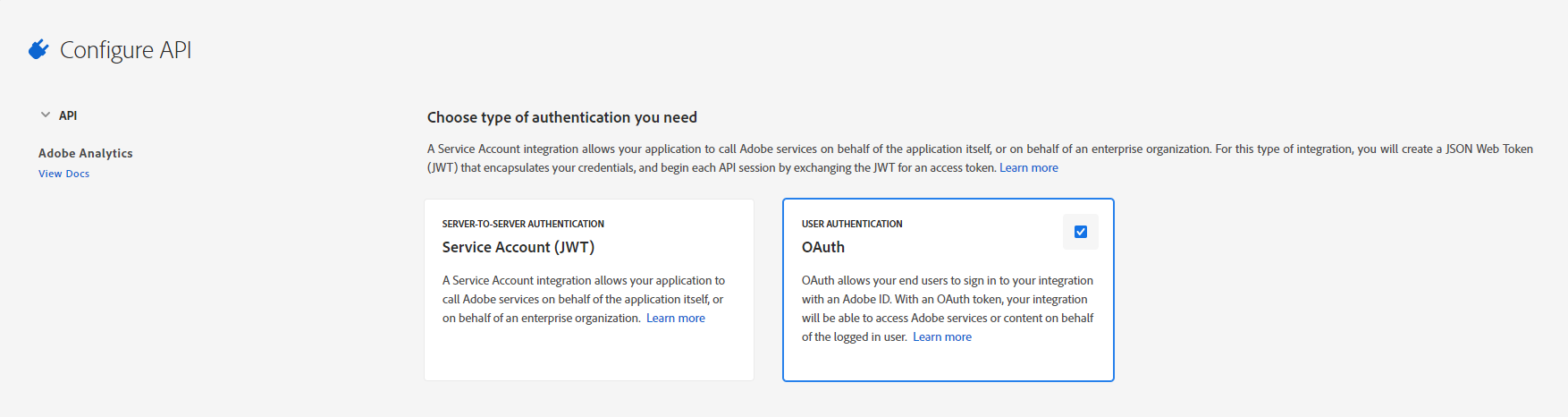 Choose OAuth for authentication type