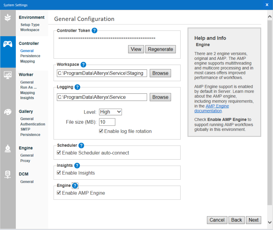 Controller configuration in Alteryx System Settings.
