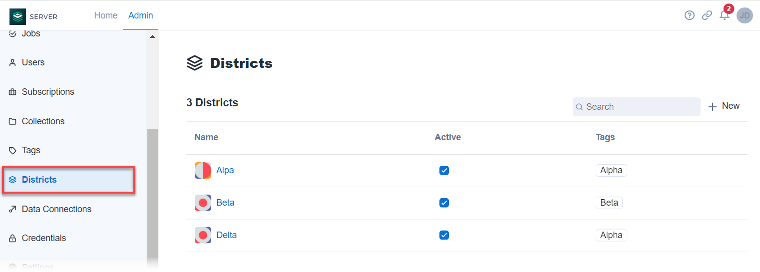 Example of the districts in the Server admin interface.
