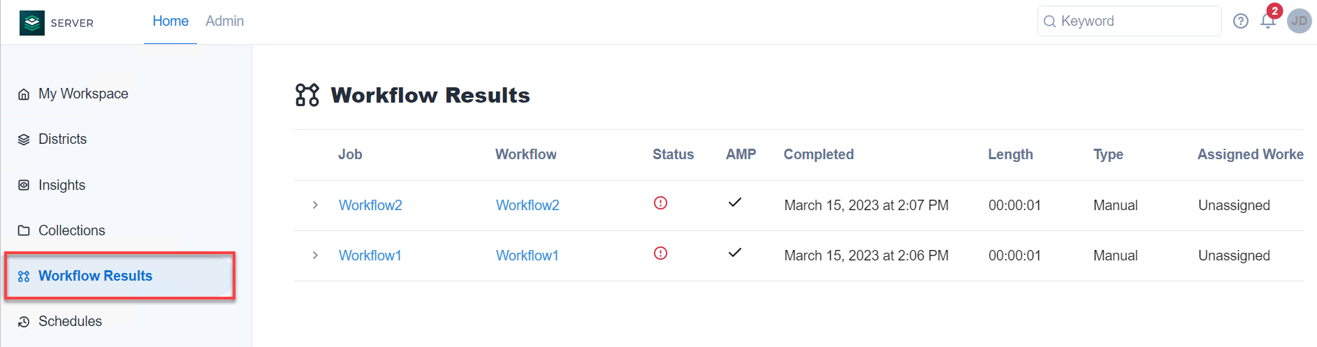 The Workflow Results page in the Server UI.
