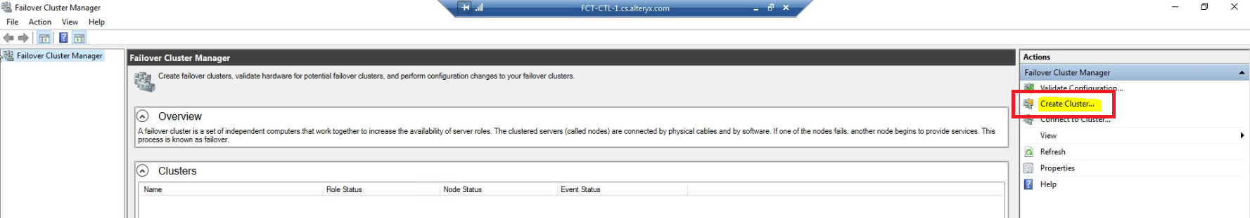 Within the Actions pane of the Failover Cluster Manager console, select Create Cluster.  