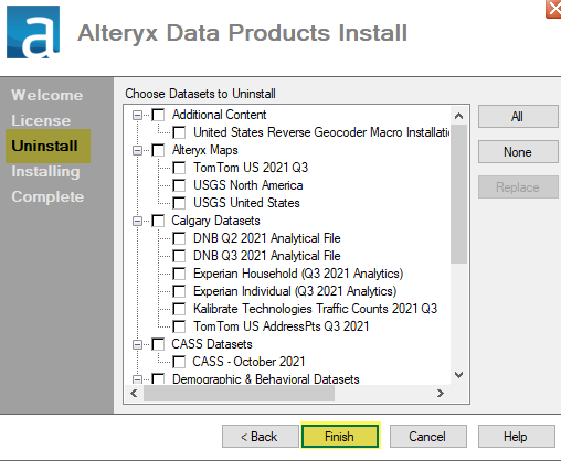Uninstall Datasets Dialogue