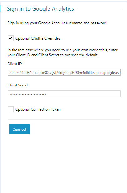 Enter the Connection Token by itself or in combination with the OAuth Override option.