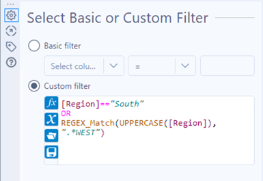 Screenshot of a Custom filter with the condition where the region is either South or contains the word West