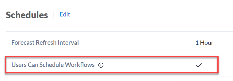 Enable the Users Can Schedule Workflows Server-level setting on the Configuration tab on the Settings page in the Admin interface.